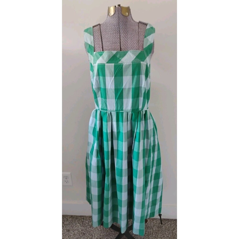 J.Crew Buffalo Check Plaid Apron Midi Dress Sundress Green Blue Preppy Sz  EUC